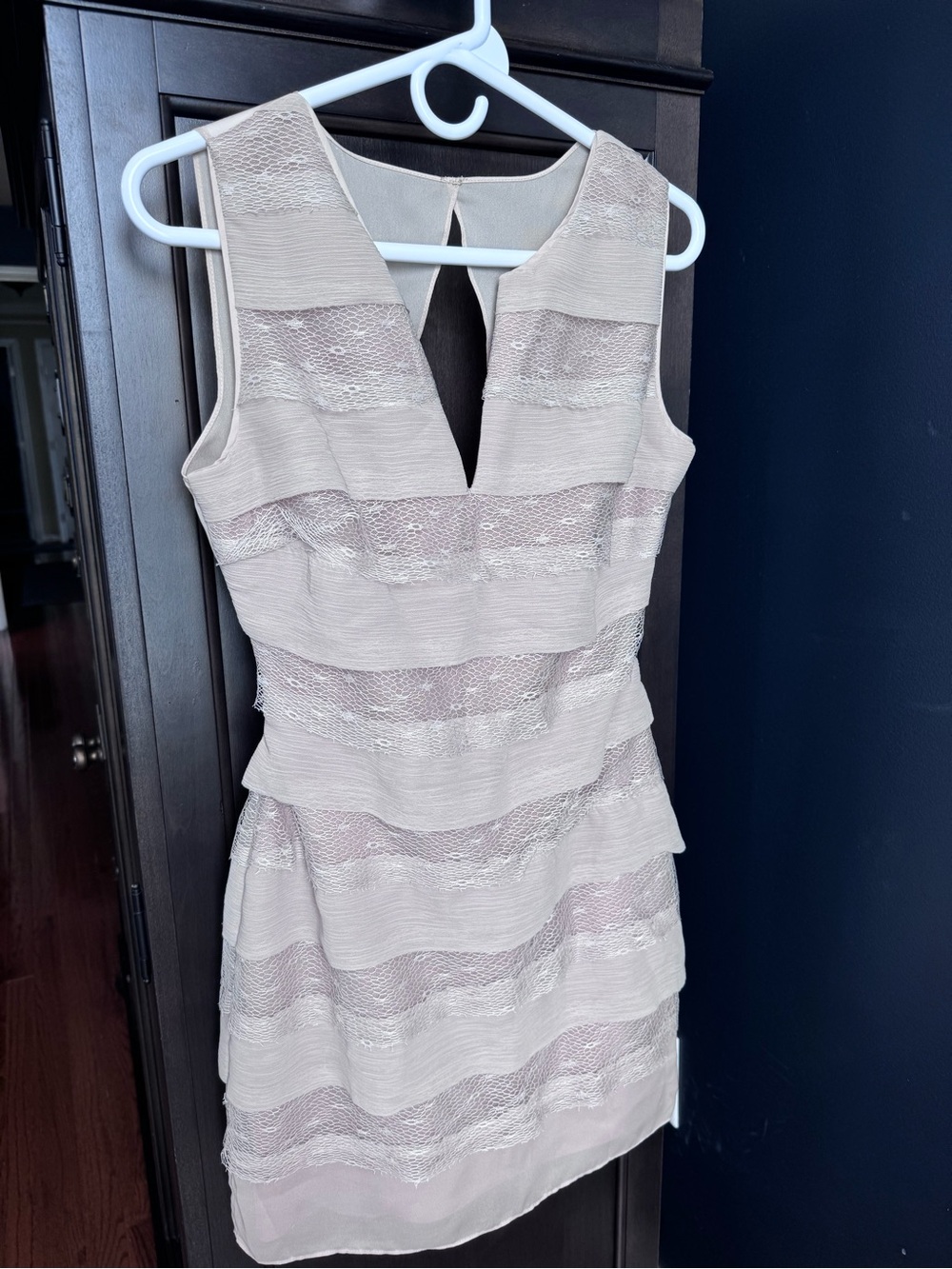 Sz4 Like New BCBG Maxazria Sleeveless Beige Tiered Lace-Stripe Dress